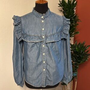 Denim Ruffle Button-Up Top